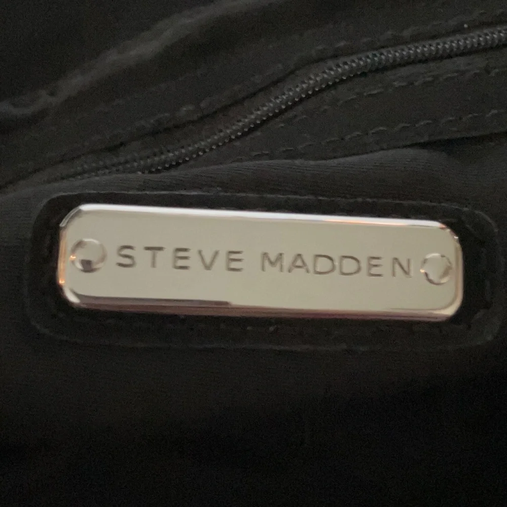 Steve Madden Black Tote with Silver Sparkle Stripe and‎ Tan Handles